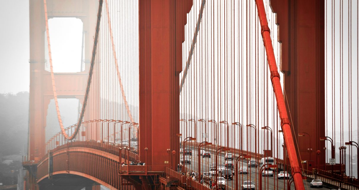 San Francisco's Golden Gate bridge from above, misty weather. (Photo: Stefano Termanini/Shutterstock)